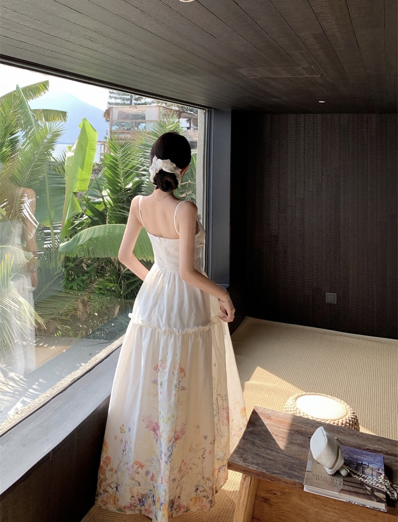 Sling vacation pinched waist stereoscopic flowers dress