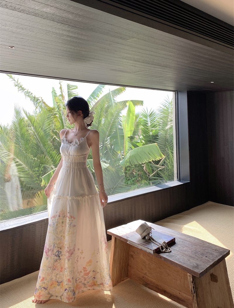 Sling vacation pinched waist stereoscopic flowers dress