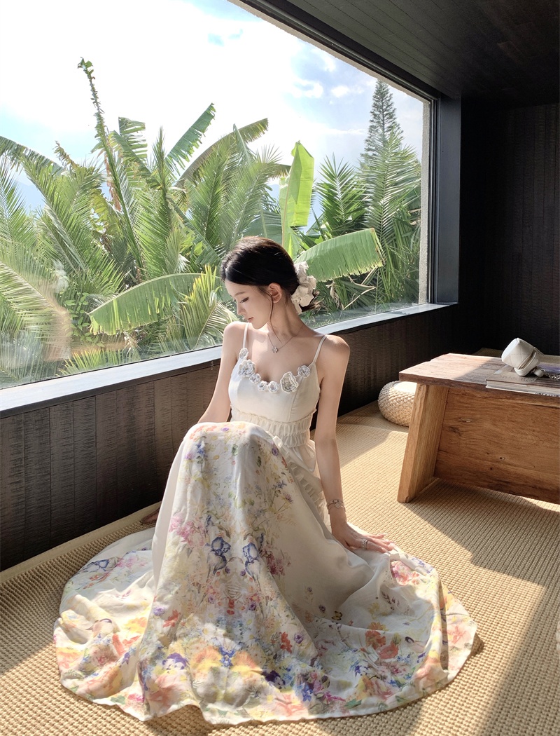 Sling vacation pinched waist stereoscopic flowers dress