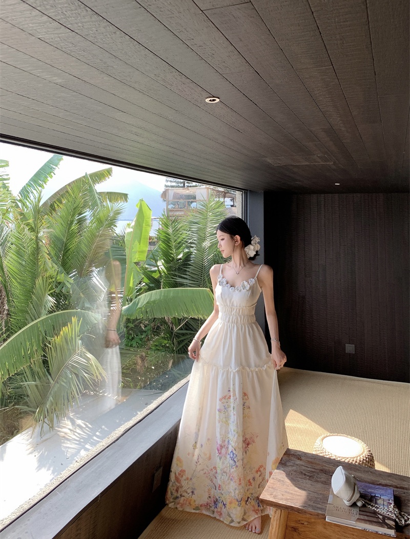 Sling vacation pinched waist stereoscopic flowers dress