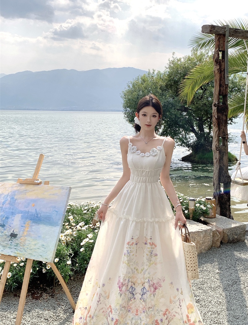Sling vacation pinched waist stereoscopic flowers dress
