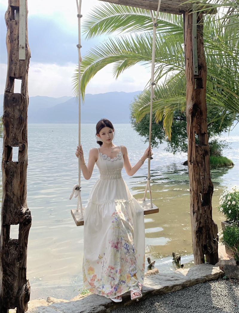 Sling vacation pinched waist stereoscopic flowers dress