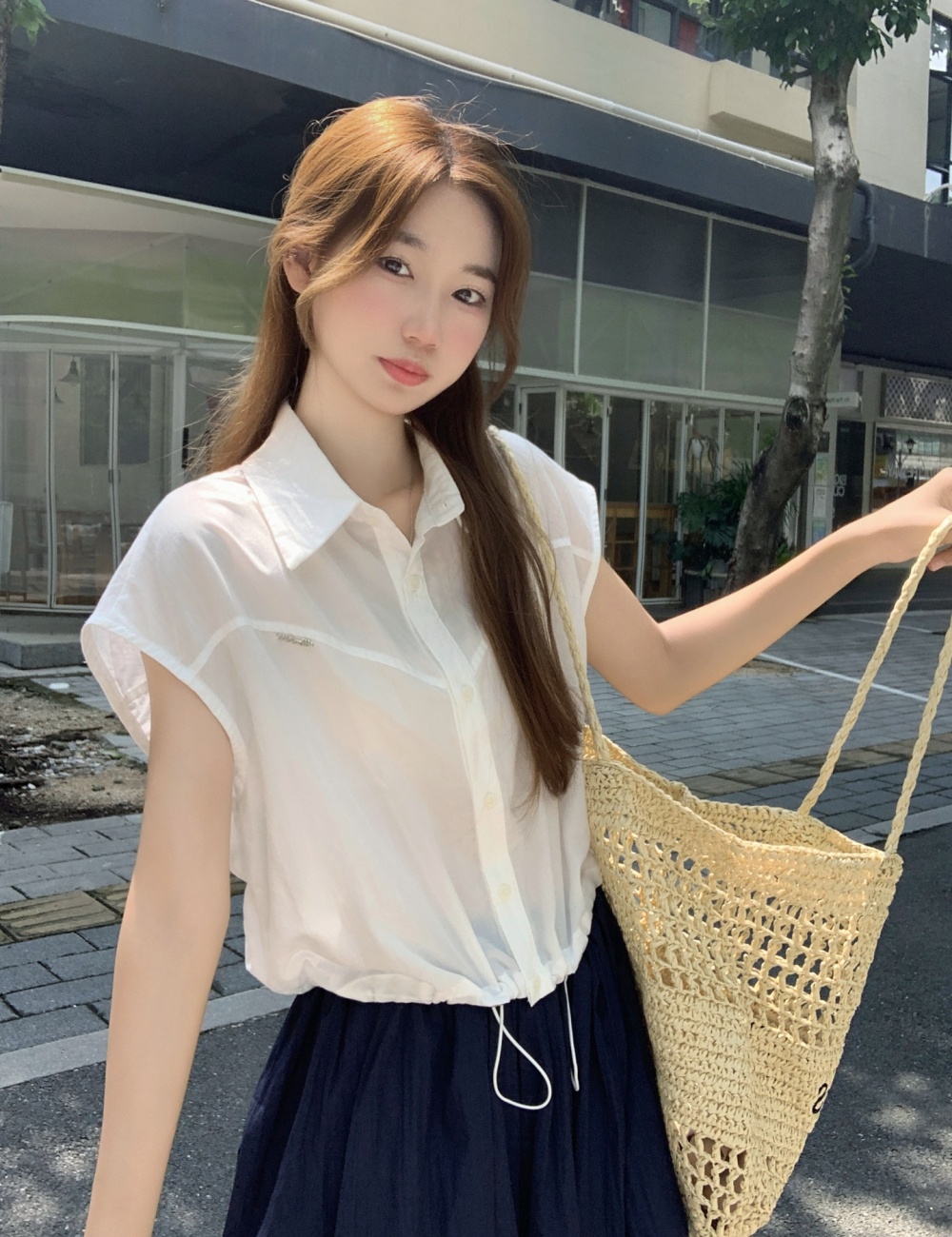 Pure short sleeve loose tops short lapel shirt for women