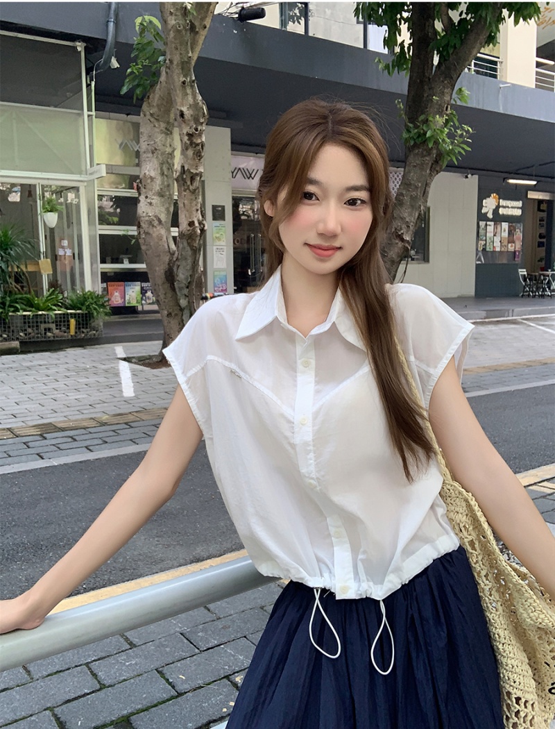 Pure short sleeve loose tops short lapel shirt for women