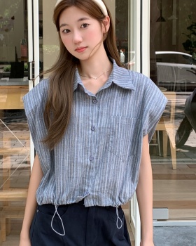 Summer vertical stripes shirt short sleeve tops for women
