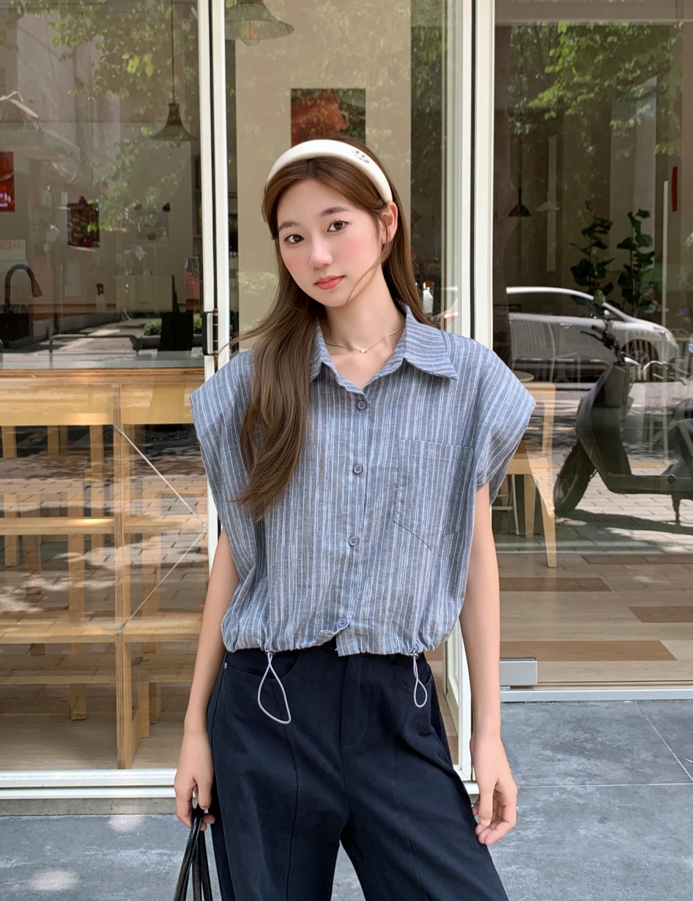 Summer vertical stripes shirt short sleeve tops for women