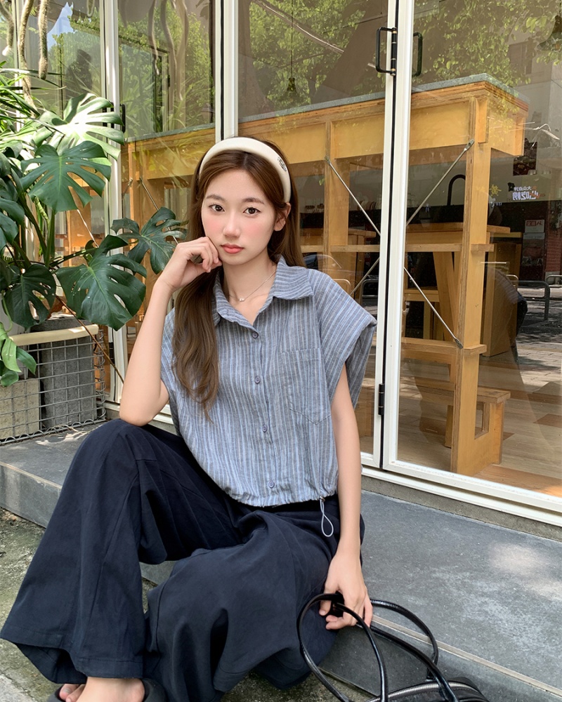 Summer vertical stripes shirt short sleeve tops for women