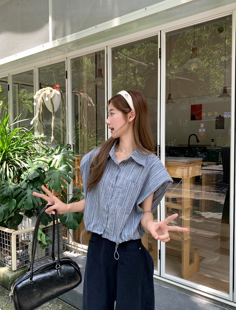 Summer vertical stripes shirt short sleeve tops for women