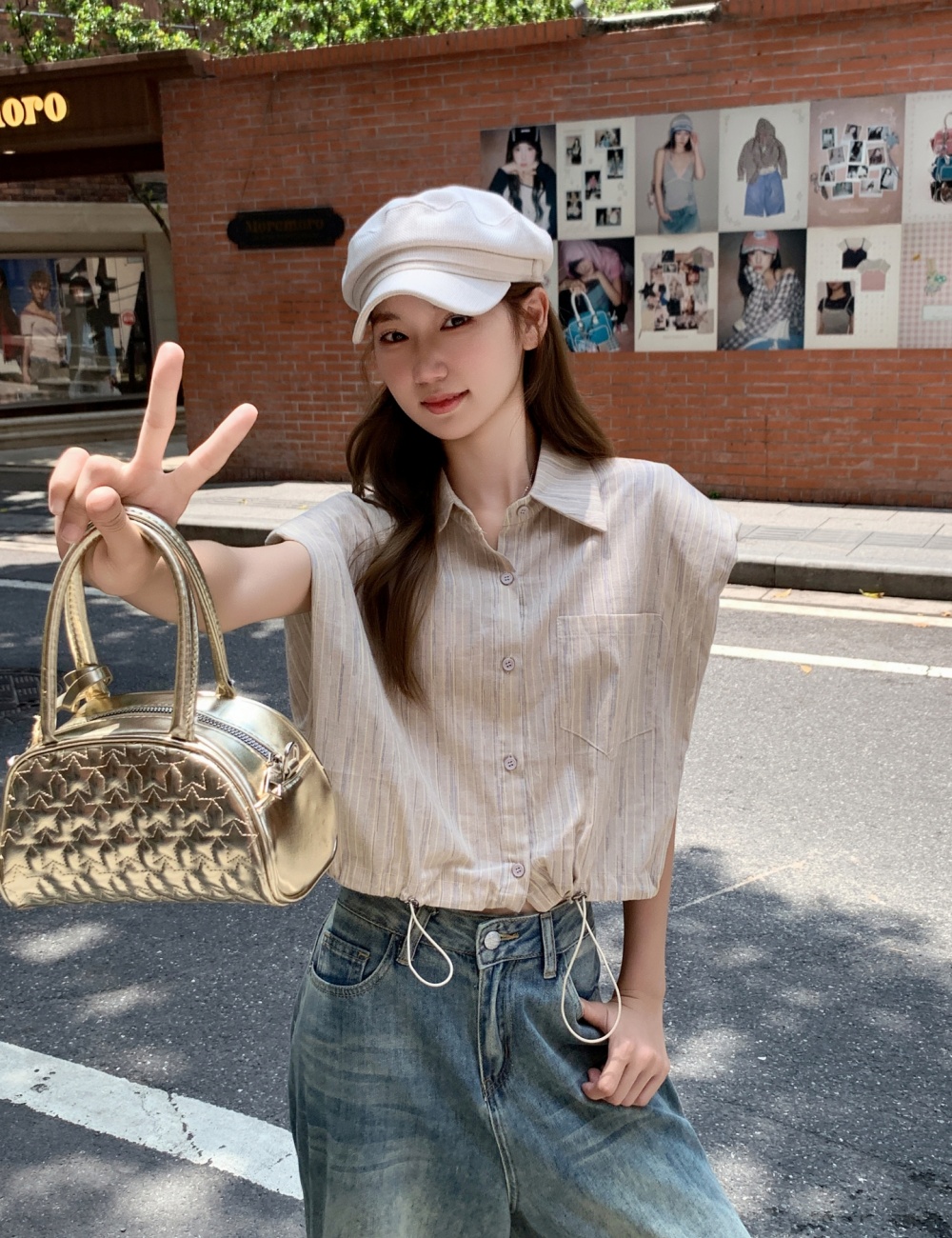 Summer vertical stripes shirt short sleeve tops for women