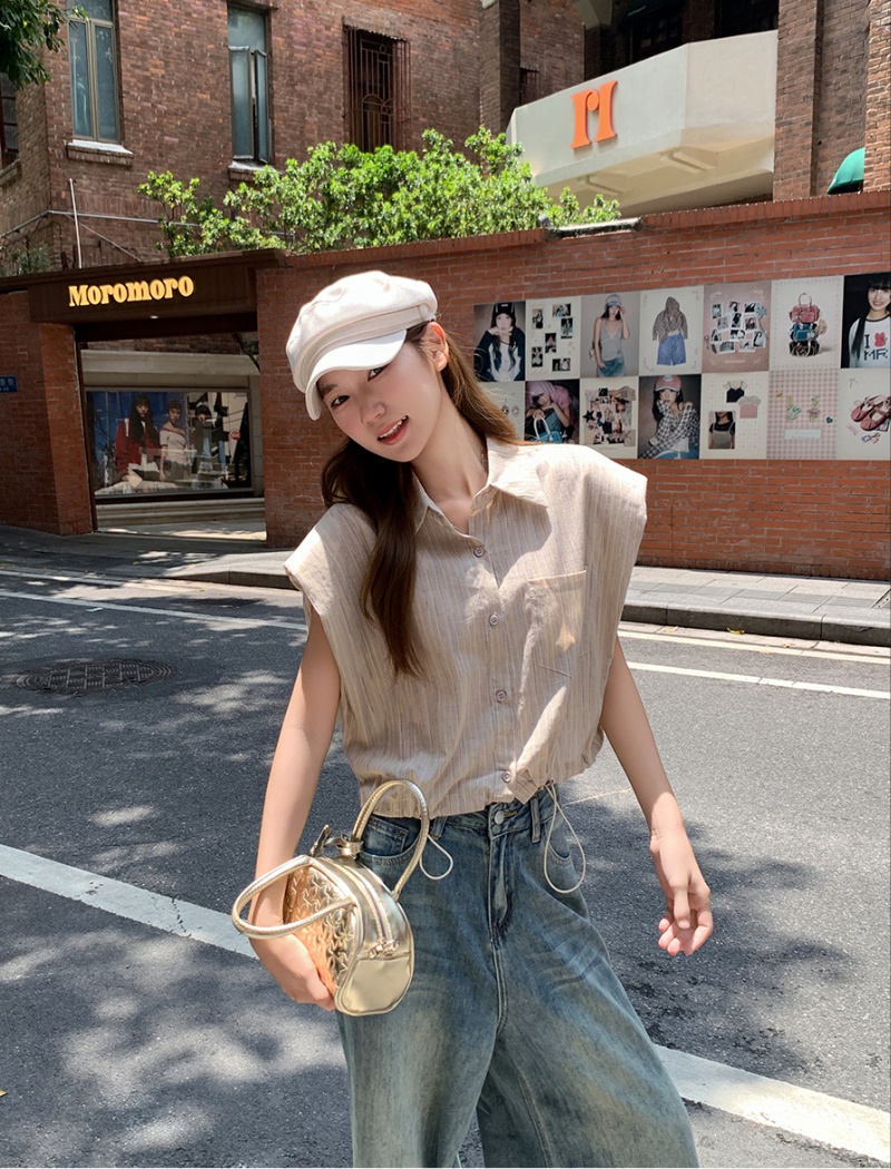 Summer vertical stripes shirt short sleeve tops for women