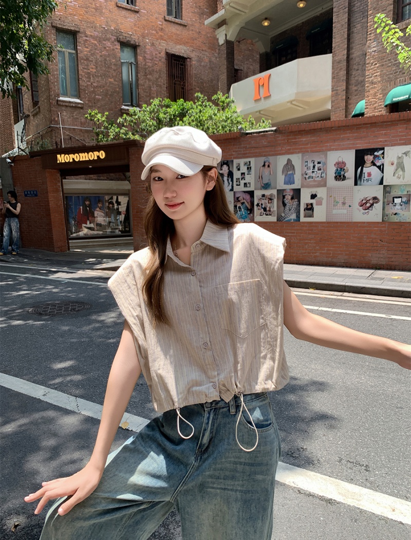 Summer vertical stripes shirt short sleeve tops for women