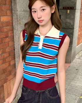 Short short sleeve T-shirt stripe V-neck tops for women