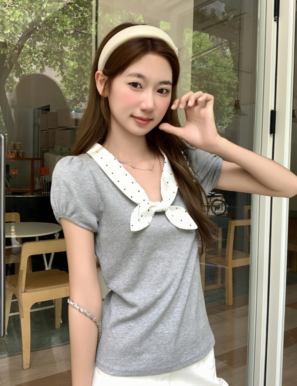 V-neck slim tops short sleeve unique T-shirt for women