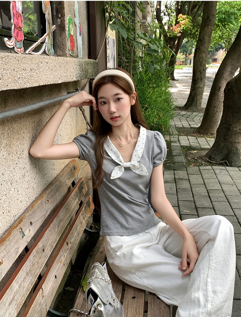 V-neck slim tops short sleeve unique T-shirt for women