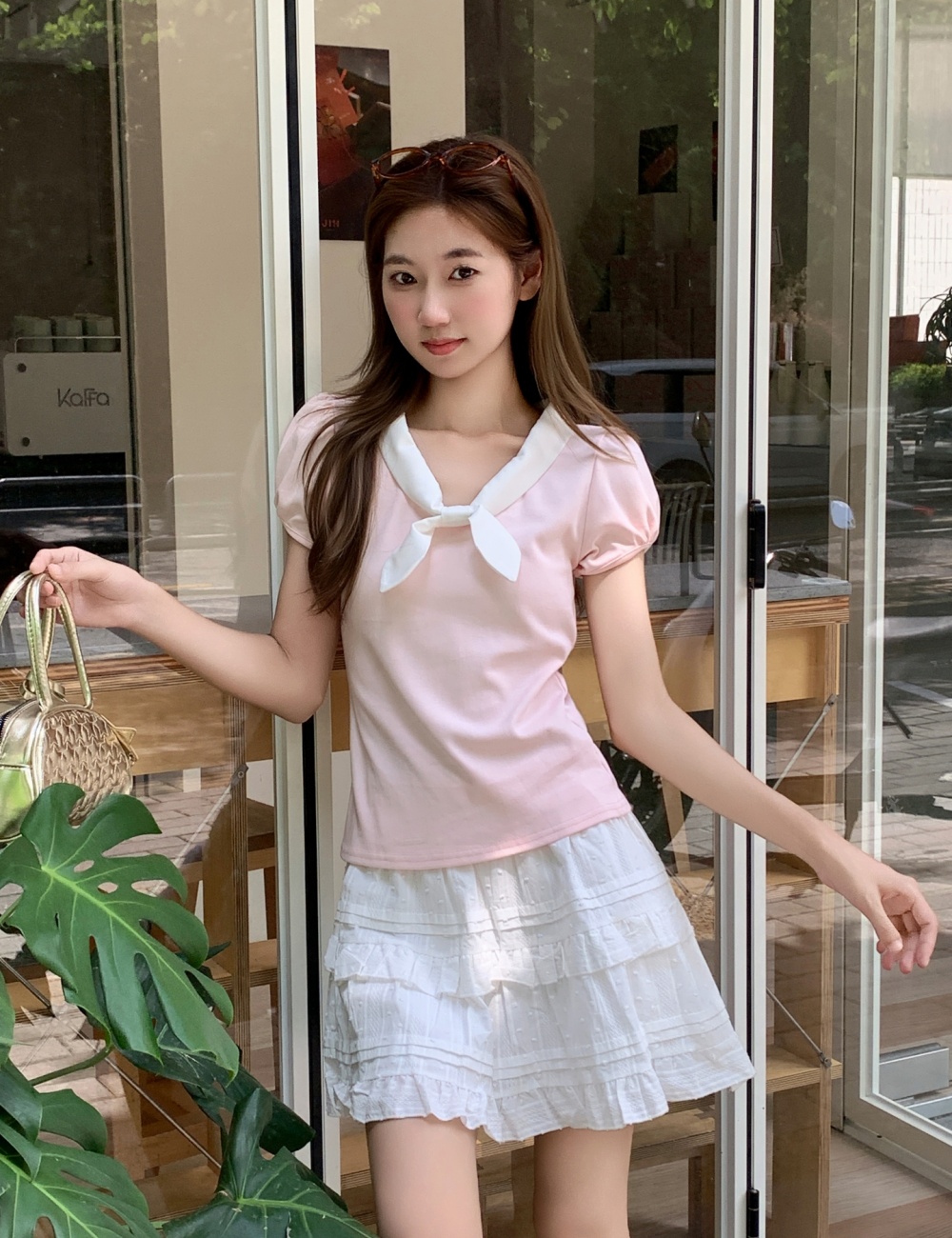 V-neck slim tops short sleeve unique T-shirt for women