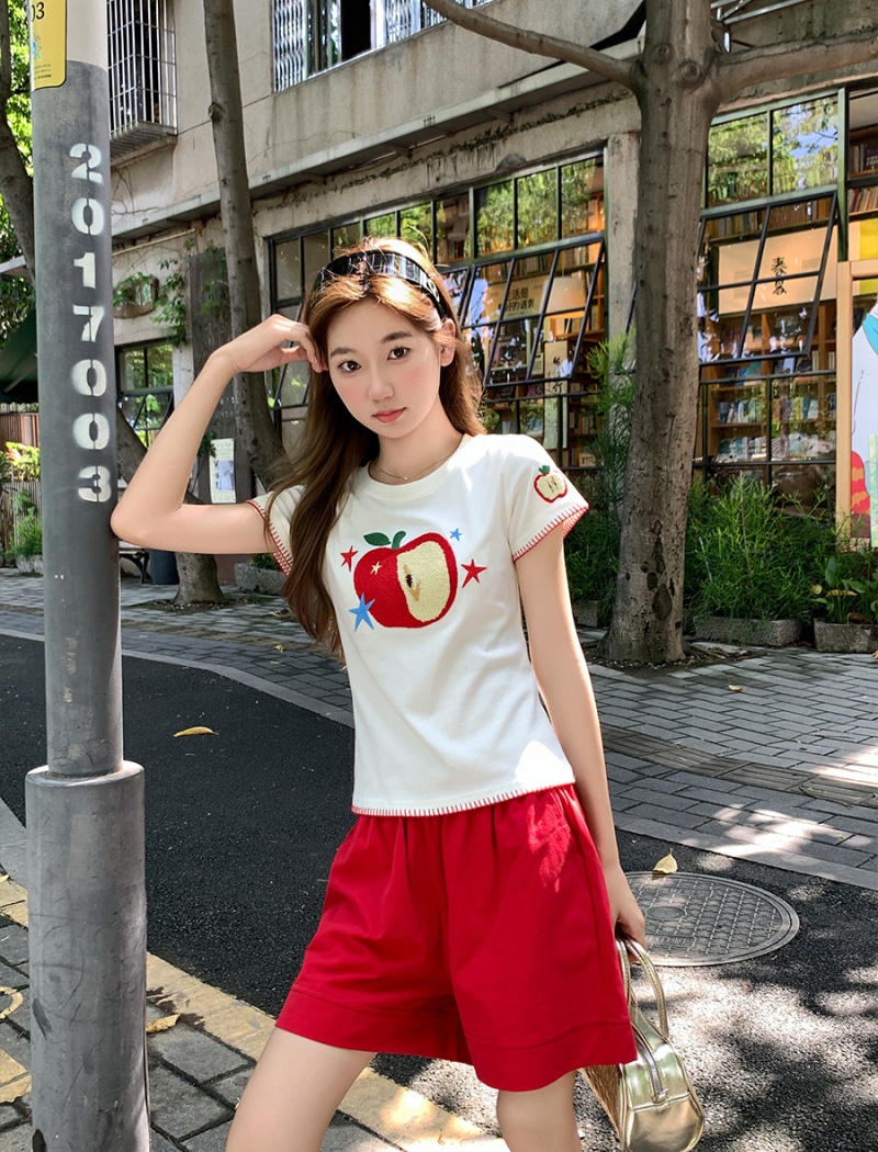 Pinched waist tops round neck T-shirt for women