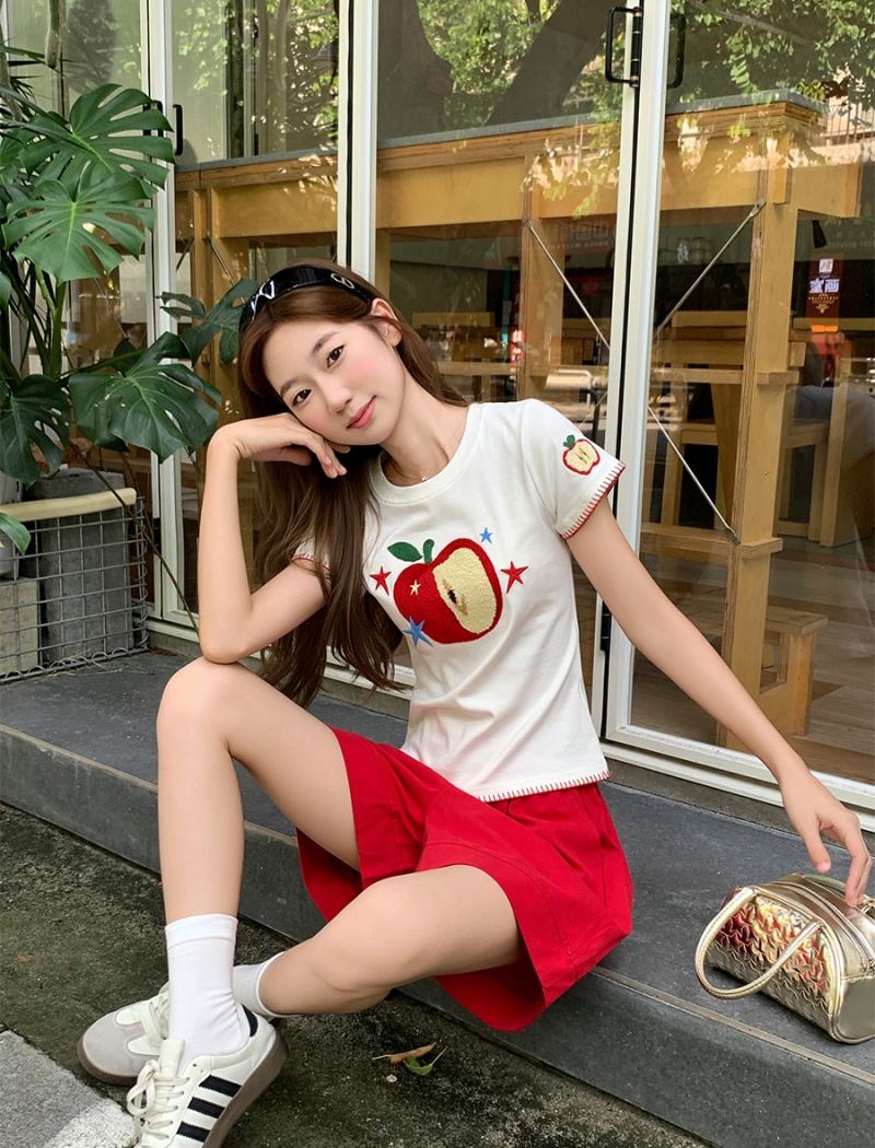 Pinched waist tops round neck T-shirt for women