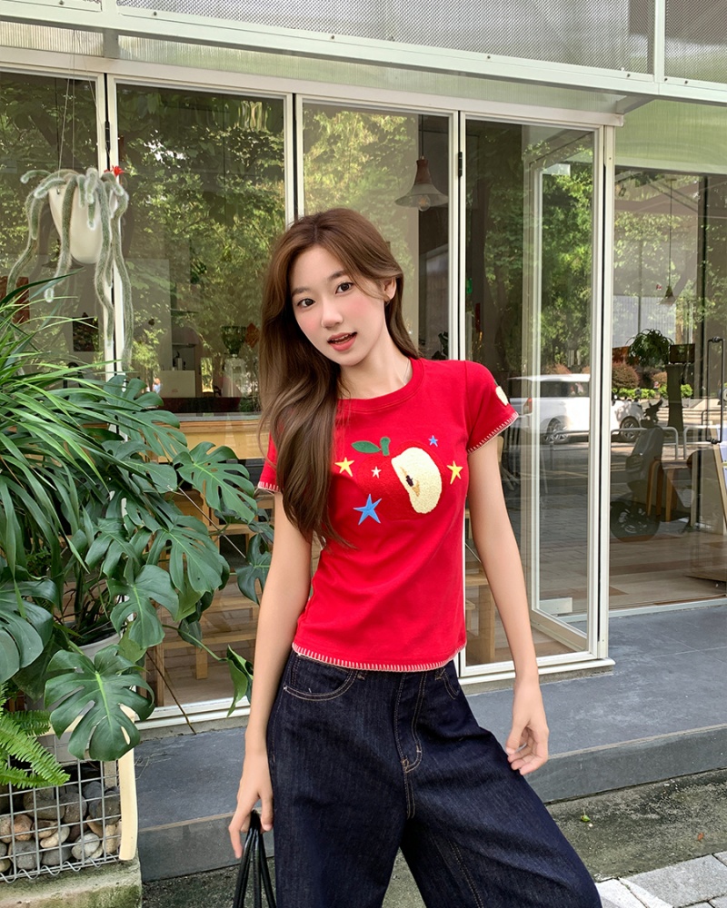 Pinched waist tops round neck T-shirt for women