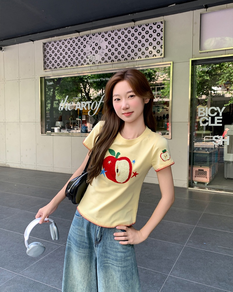 Pinched waist tops round neck T-shirt for women