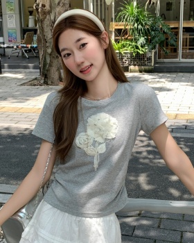 Short sleeve flowers T-shirt pinched waist tops