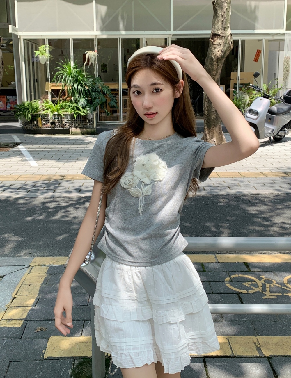 Short sleeve flowers T-shirt pinched waist tops