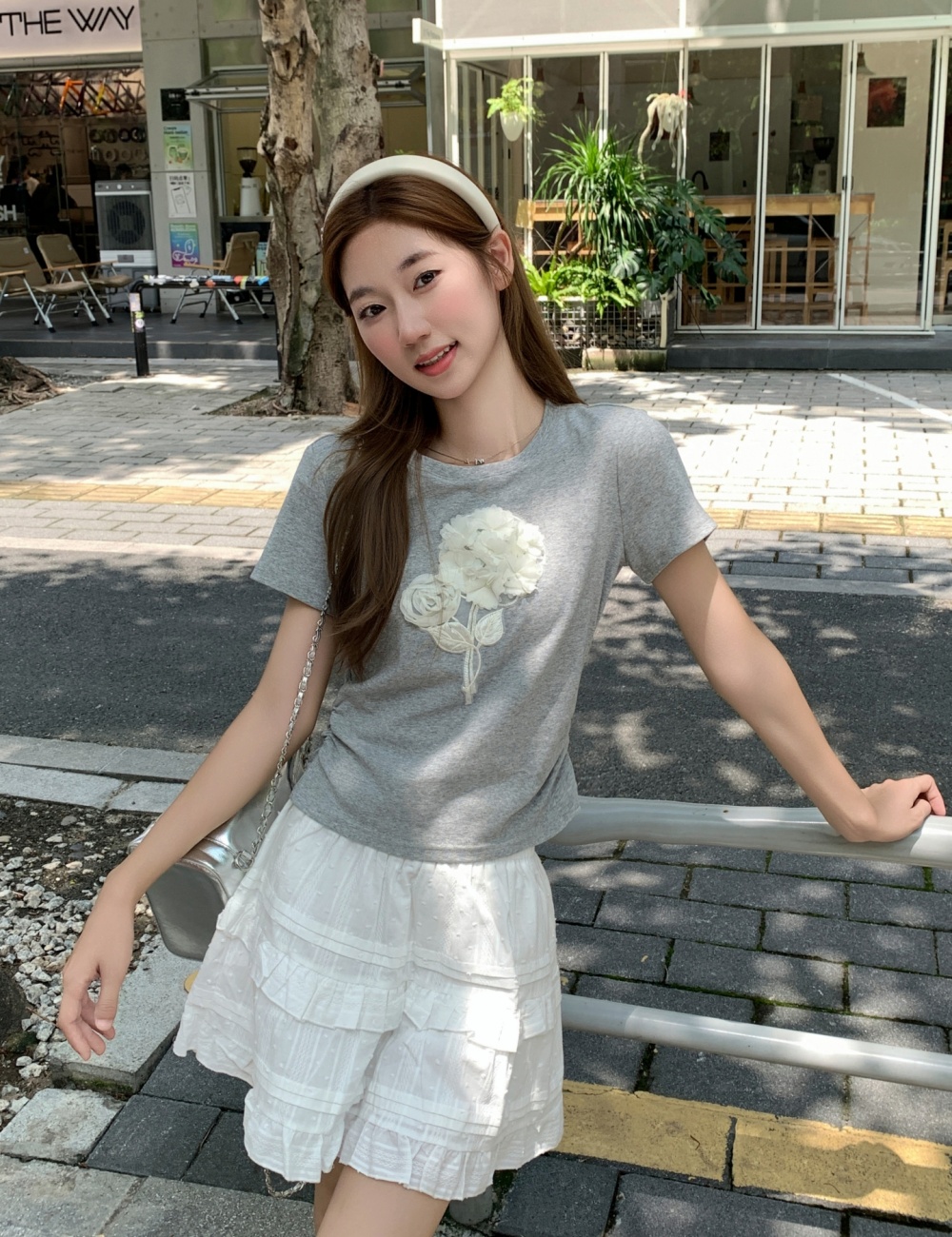 Short sleeve flowers T-shirt pinched waist tops