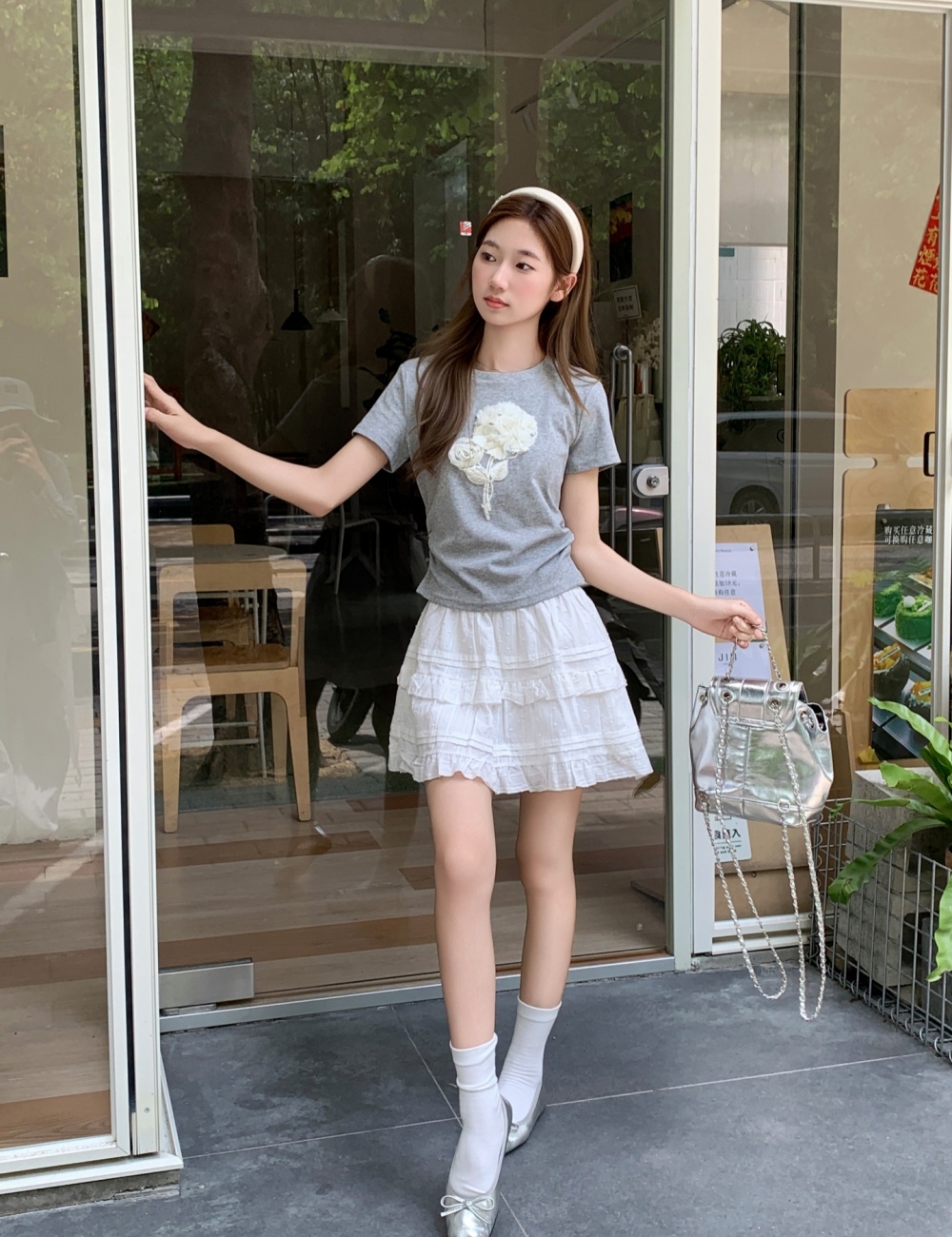 Short sleeve flowers T-shirt pinched waist tops