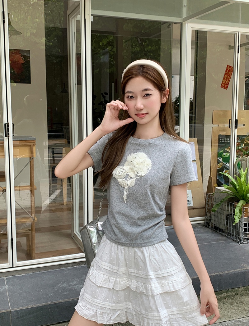 Short sleeve flowers T-shirt pinched waist tops
