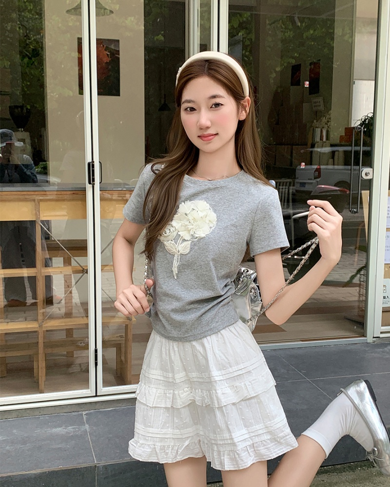 Short sleeve flowers T-shirt pinched waist tops