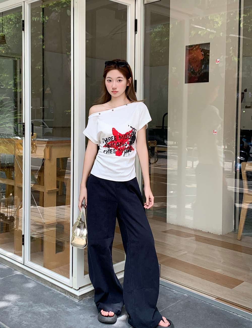 Sloping shoulder short sleeve T-shirt summer tops for women