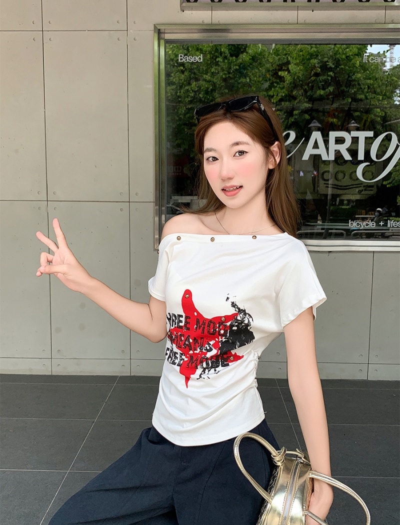 Sloping shoulder short sleeve T-shirt summer tops for women