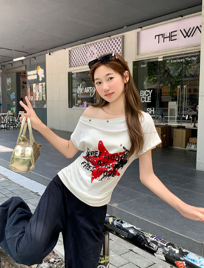 Sloping shoulder short sleeve T-shirt summer tops for women