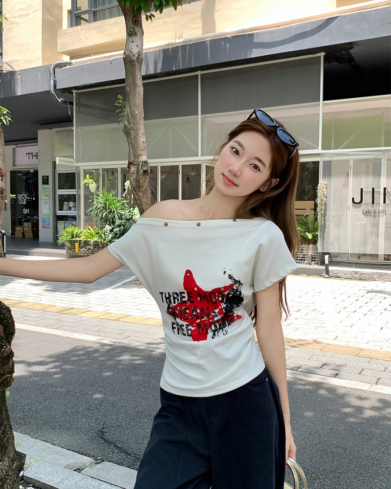 Sloping shoulder short sleeve T-shirt summer tops for women