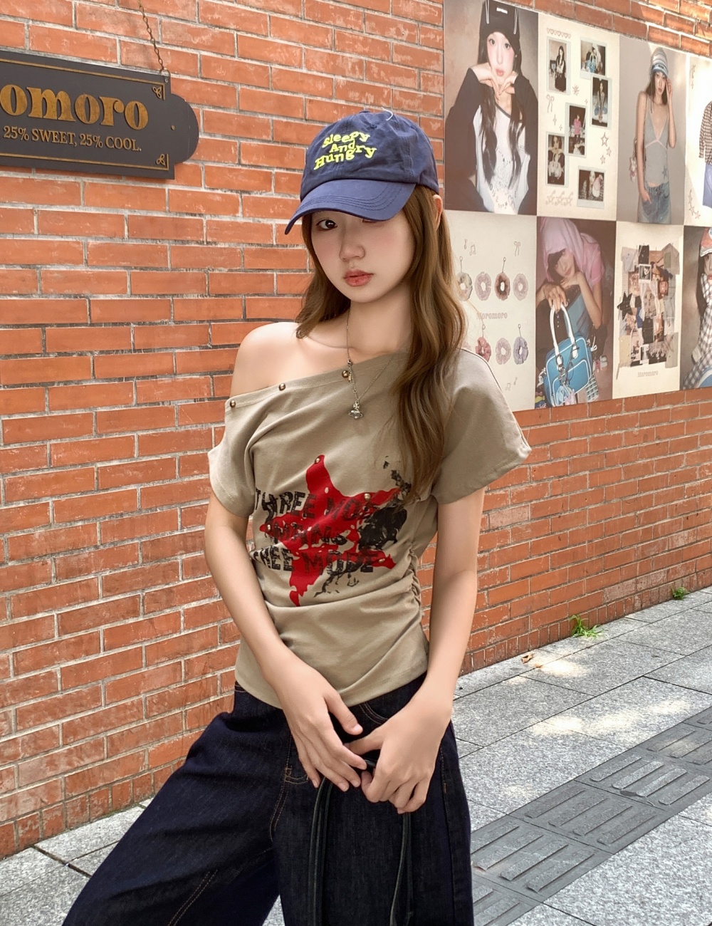 Sloping shoulder short sleeve T-shirt summer tops for women