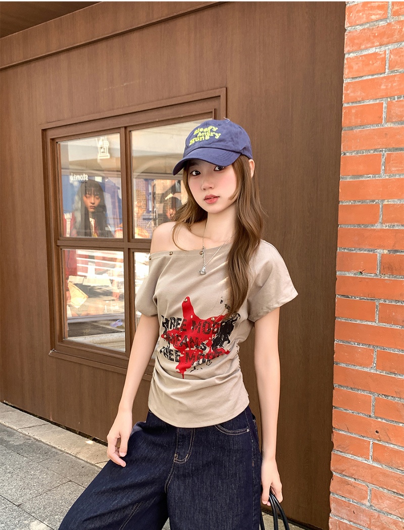 Sloping shoulder short sleeve T-shirt summer tops for women
