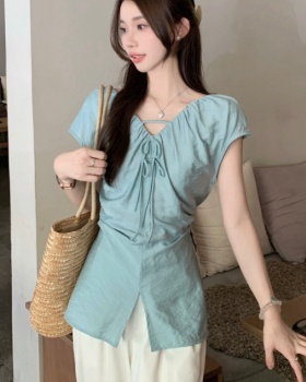 Pinched waist frenum tops V-neck fold shirt for women