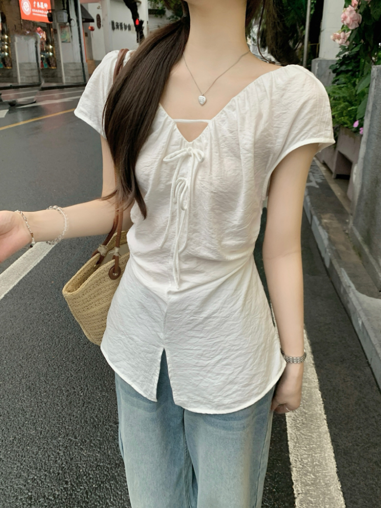 Pinched waist frenum tops V-neck fold shirt for women