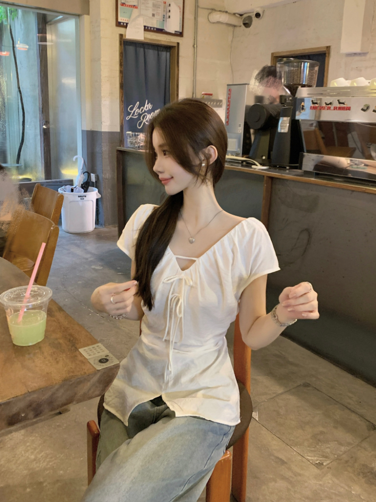Pinched waist frenum tops V-neck fold shirt for women
