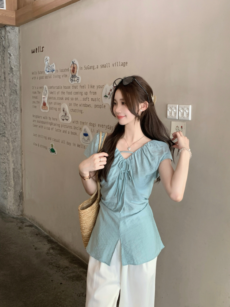 Pinched waist frenum tops V-neck fold shirt for women