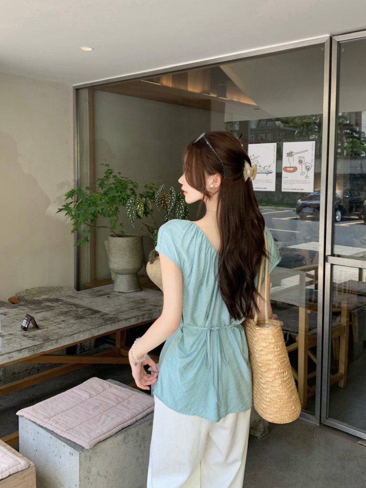 Pinched waist frenum tops V-neck fold shirt for women