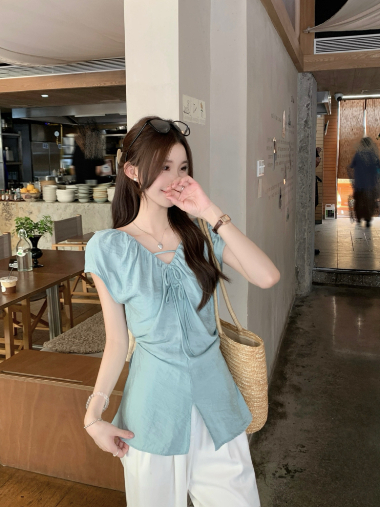 Pinched waist frenum tops V-neck fold shirt for women