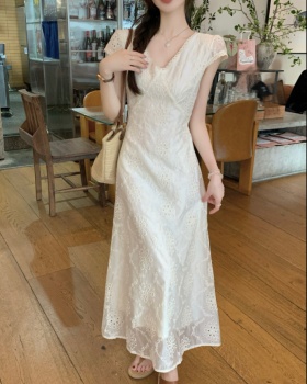 V-neck splice long dress pinched waist dress