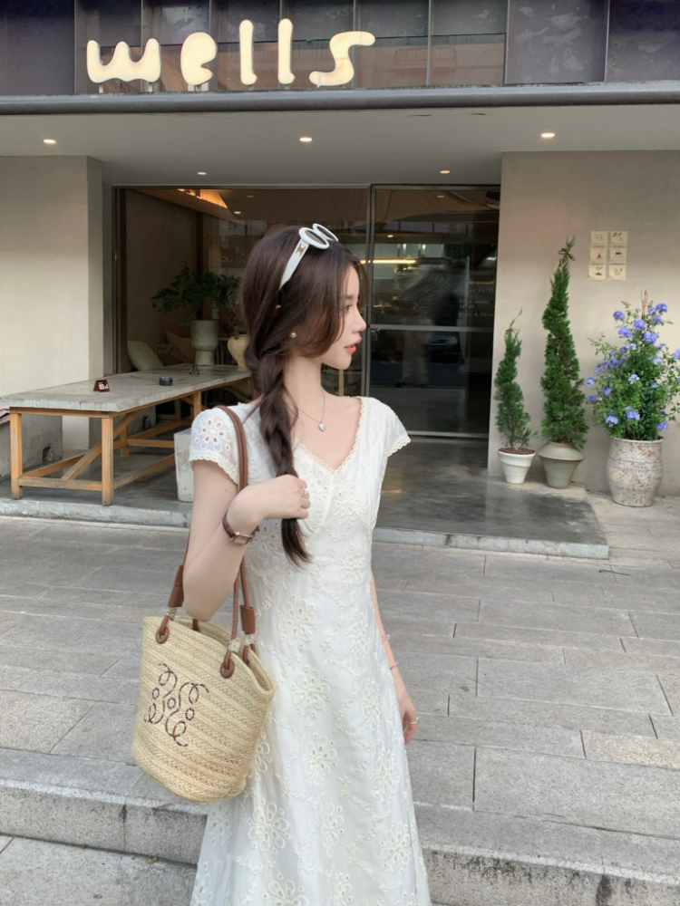 V-neck splice long dress pinched waist dress