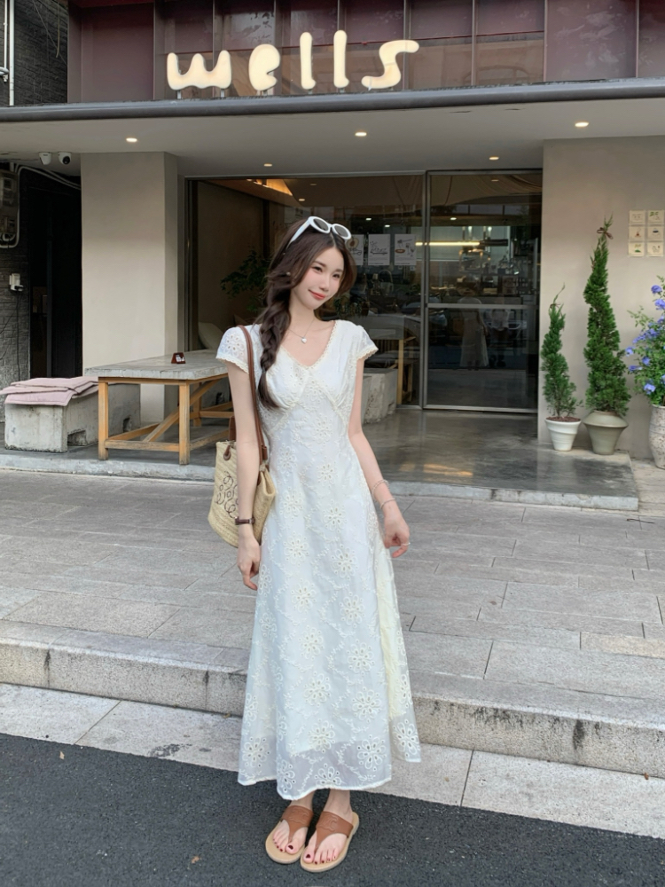 V-neck splice long dress pinched waist dress