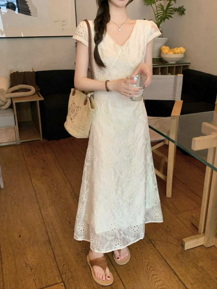 V-neck splice long dress pinched waist dress