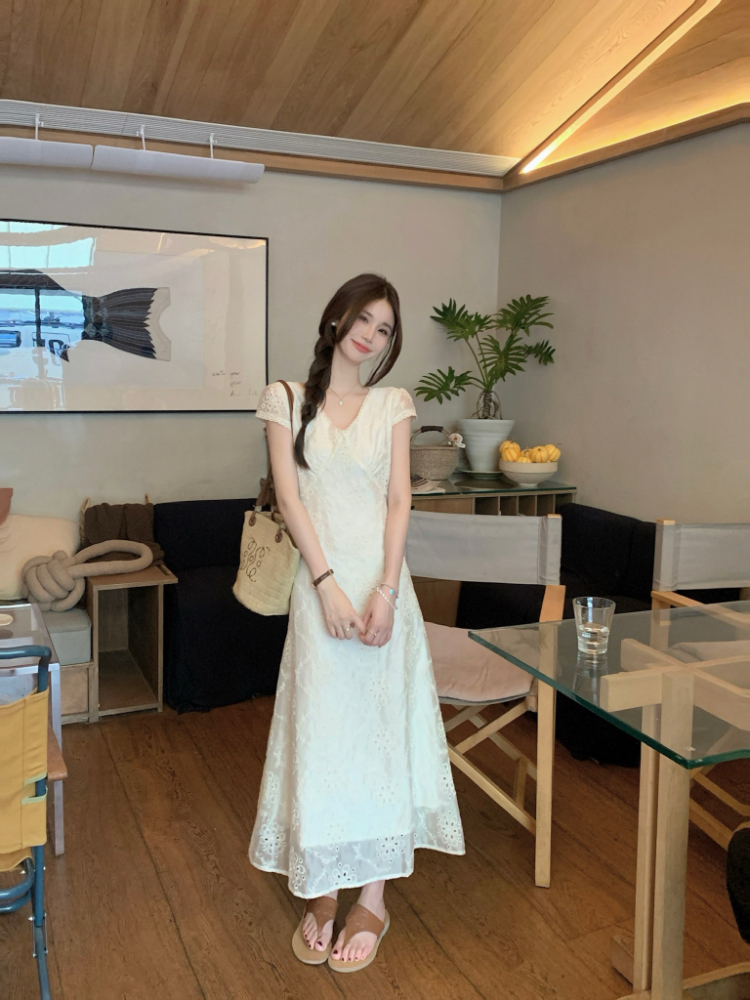 V-neck splice long dress pinched waist dress