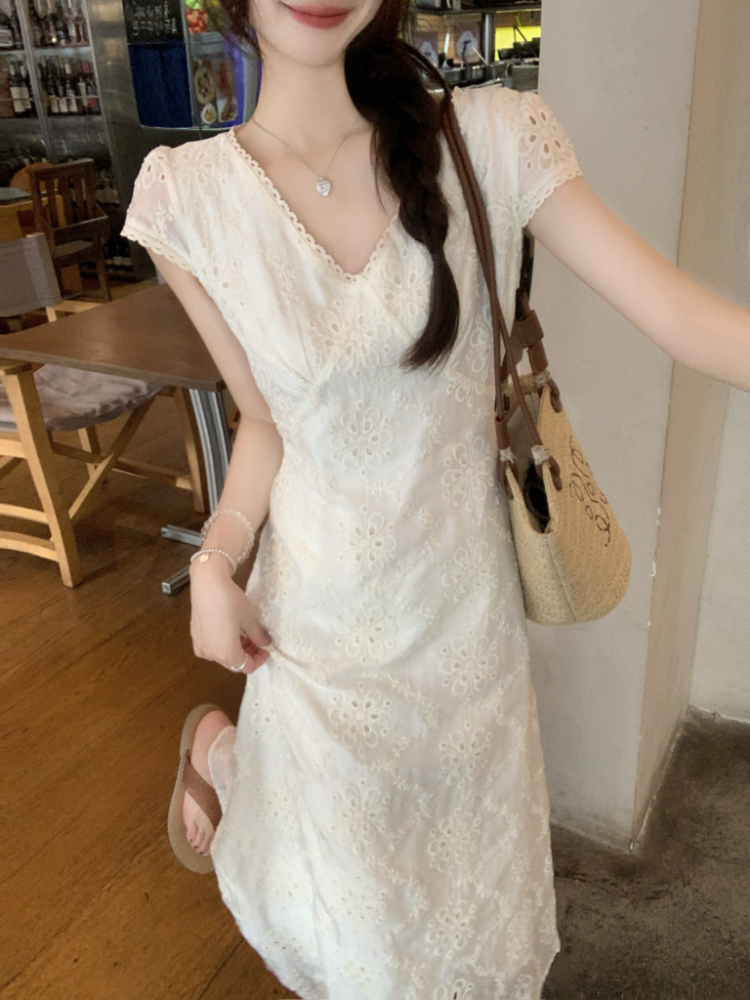 V-neck splice long dress pinched waist dress