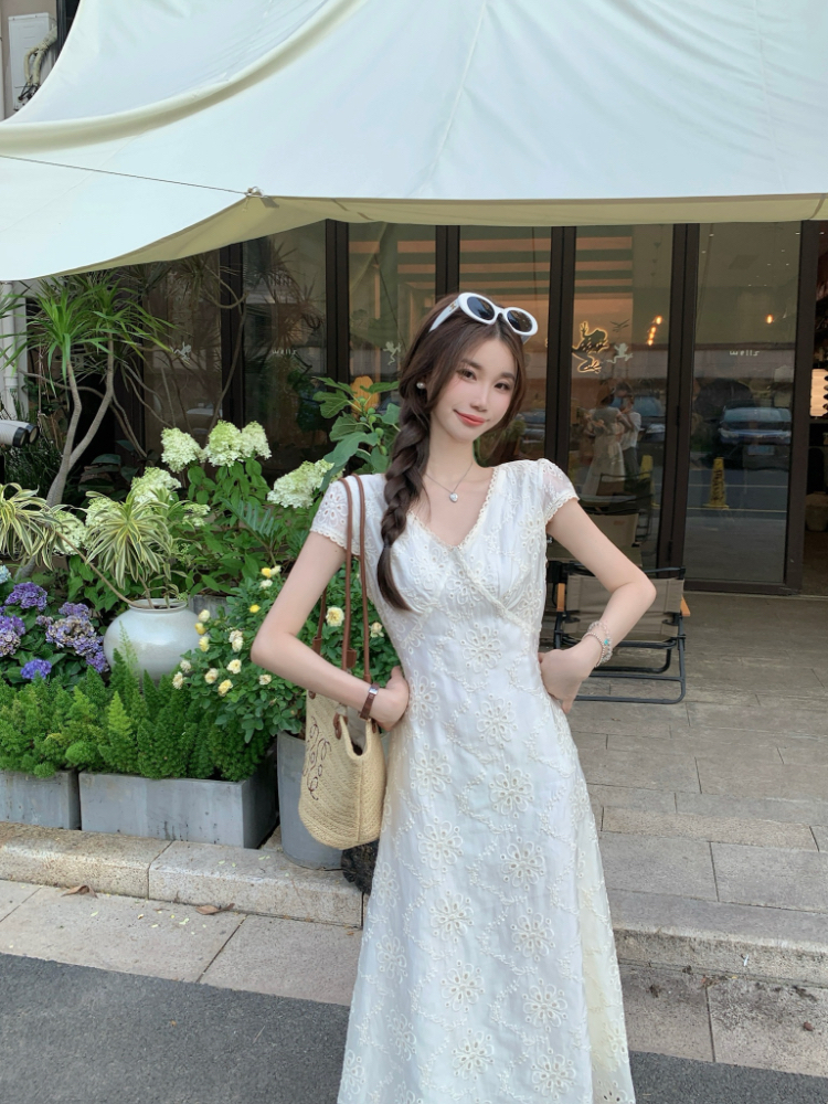 V-neck splice long dress pinched waist dress