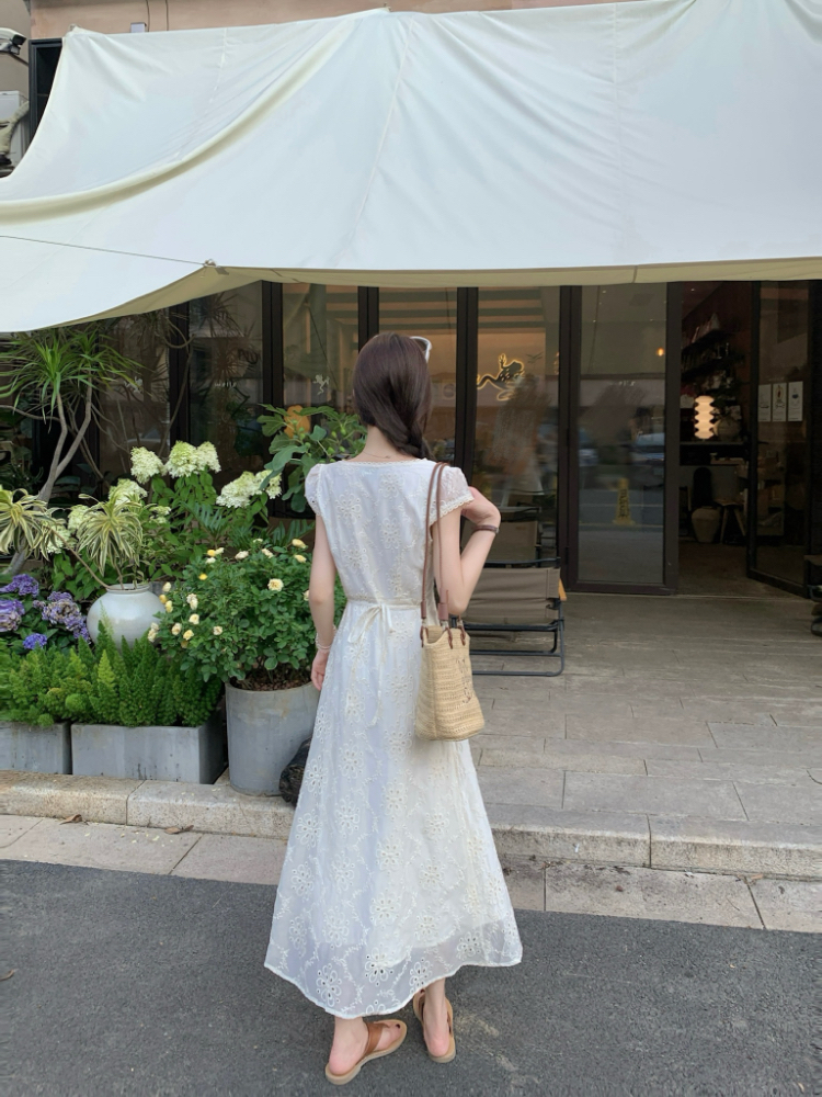 V-neck splice long dress pinched waist dress