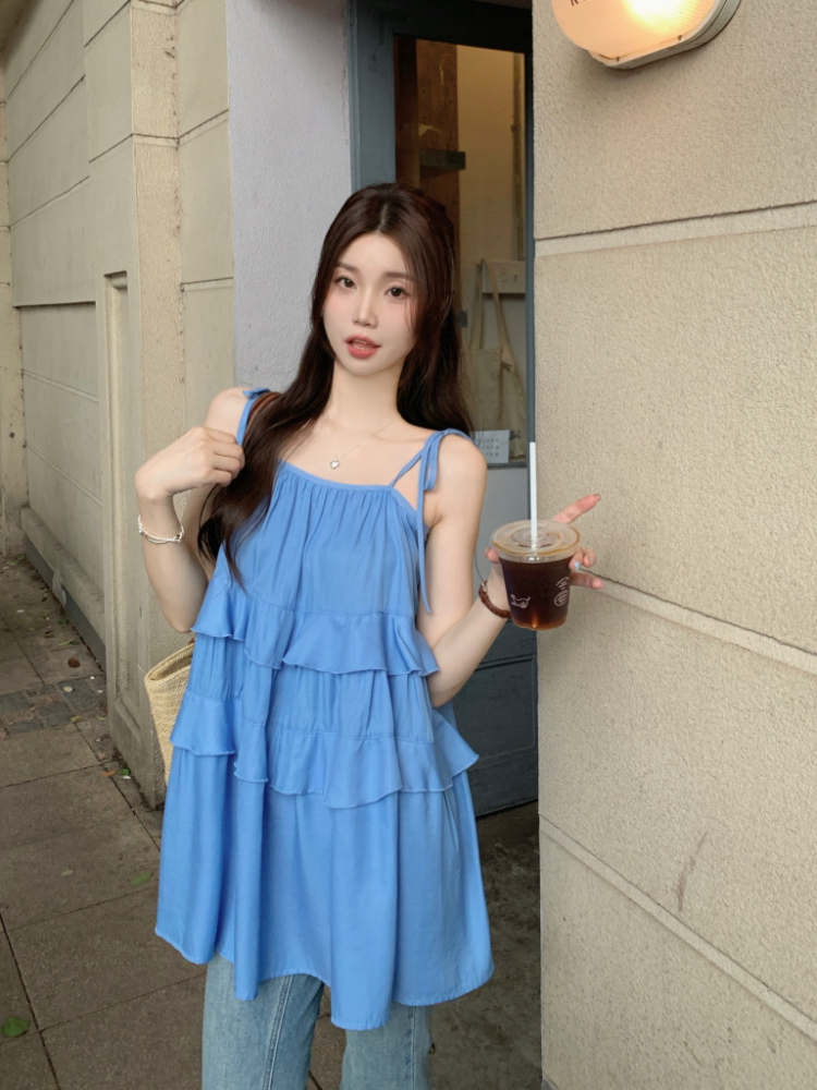 Yellow refreshing vest lotus leaf edges tops for women